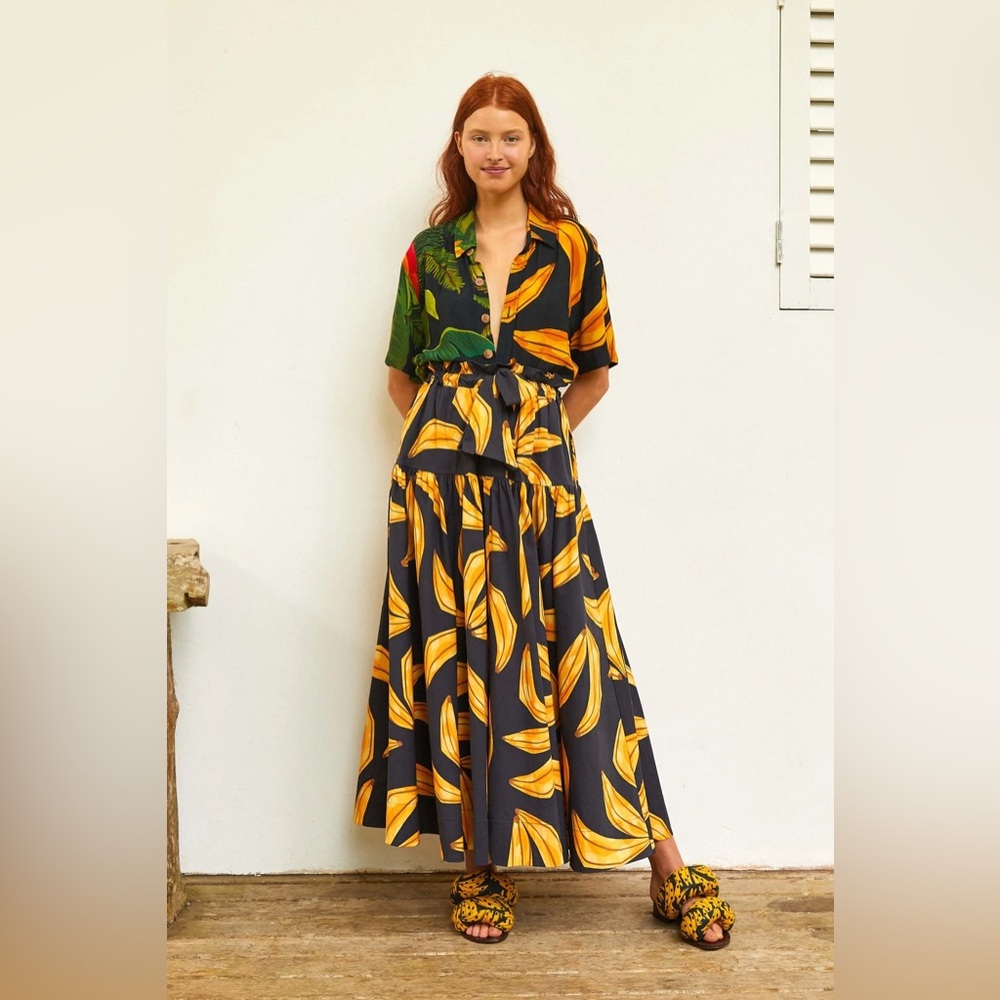 FARM Rio Black Maxi Skirt with Yellow Banana Print